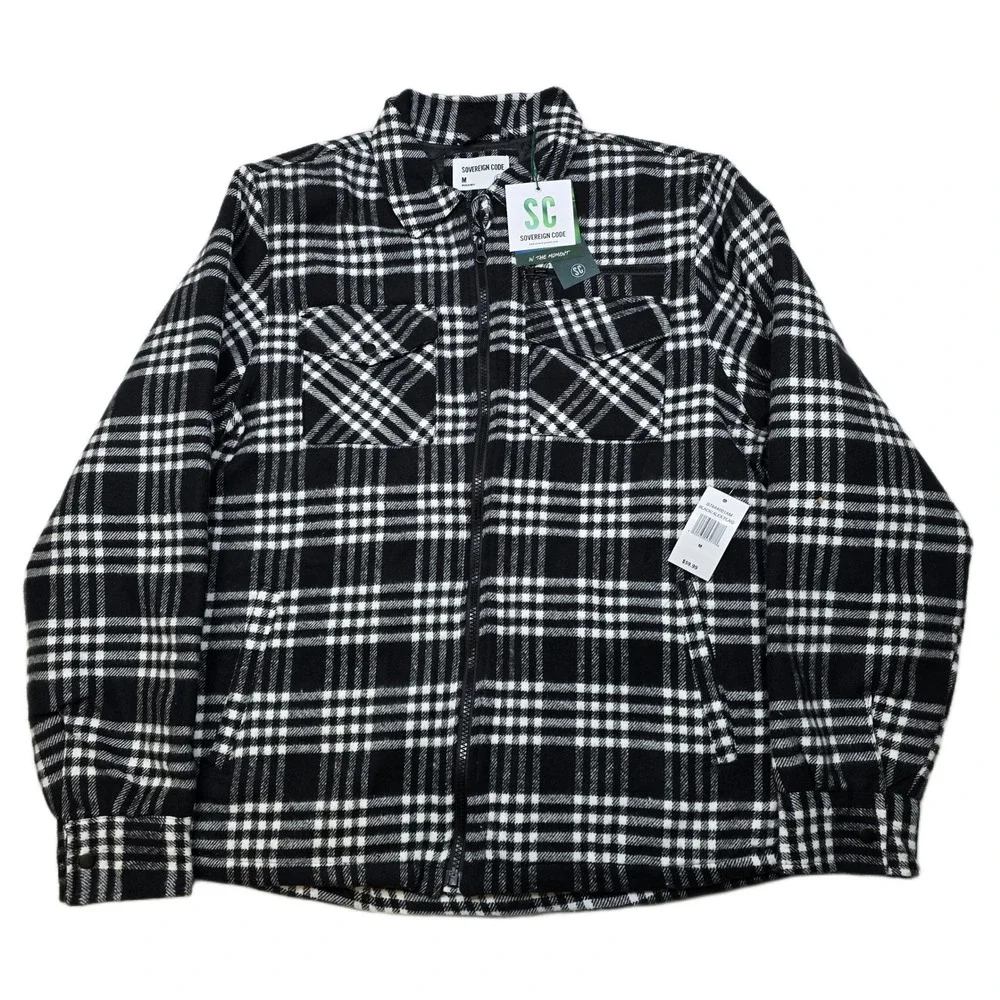 Sovereign Code Shirt Jacket Mens Medium Black‎ White Plaid Quilted Lined Zip NEW